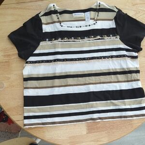 Alfred Dunner Women's Beaded Striped Tee - Black, White, Tan